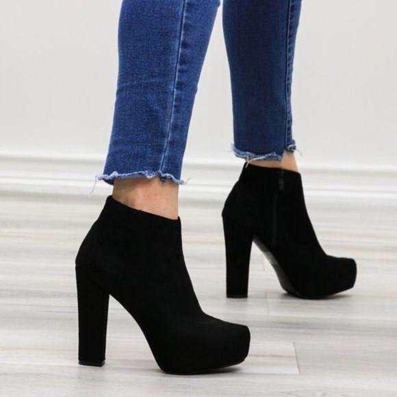 Platform Black Suede Ankle Heeled Booties - Picture 11 of 12